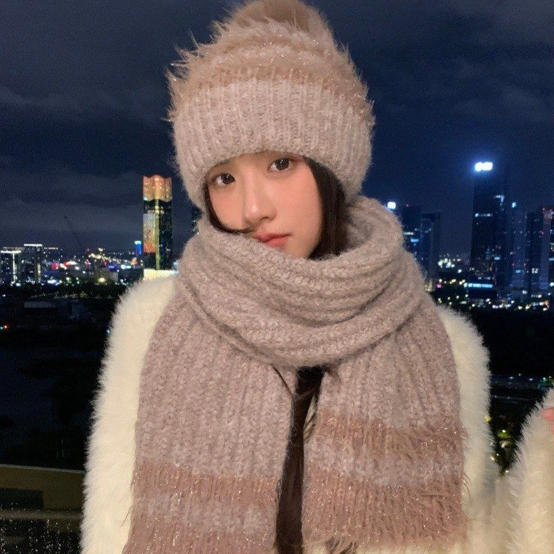 韩版冬季加绒加厚保暖帽子围巾两件套亮丝毛球防寒保暖护耳套装