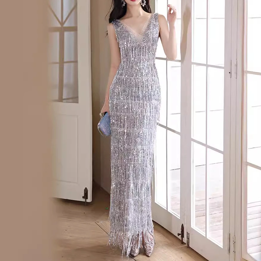 高端晚礼服女2025新款高级感银色亮片流苏主持人鱼尾订婚长裙轻奢