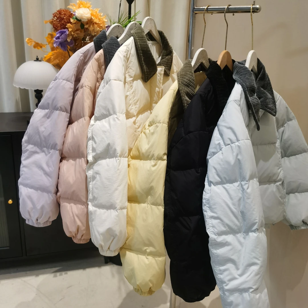 韩版2025灯芯绒翻领90白鸭绒短款拉链保暖外套