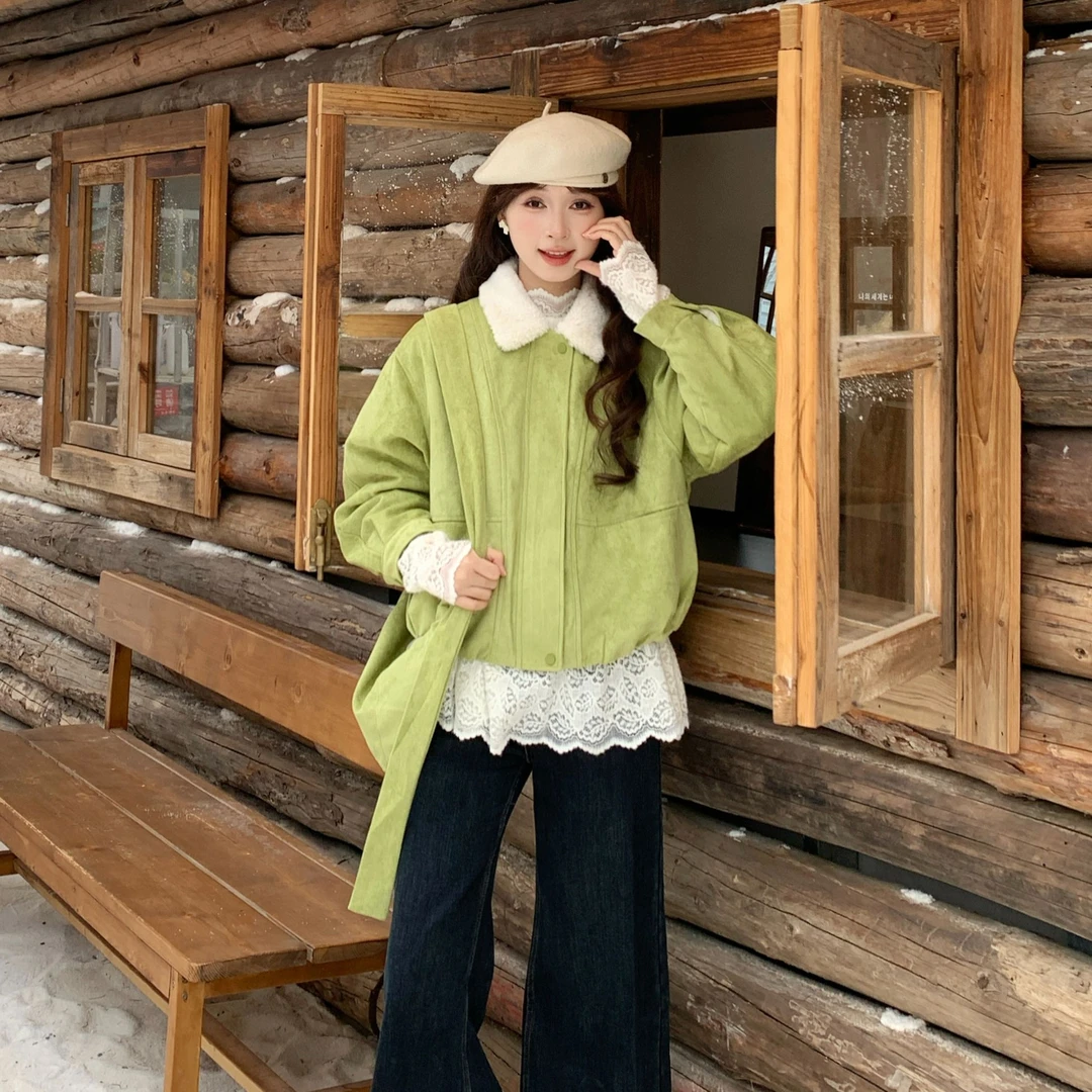 慕兔法式毛毛翻领带包包短外套女2025年冬季新款小个子百搭上衣