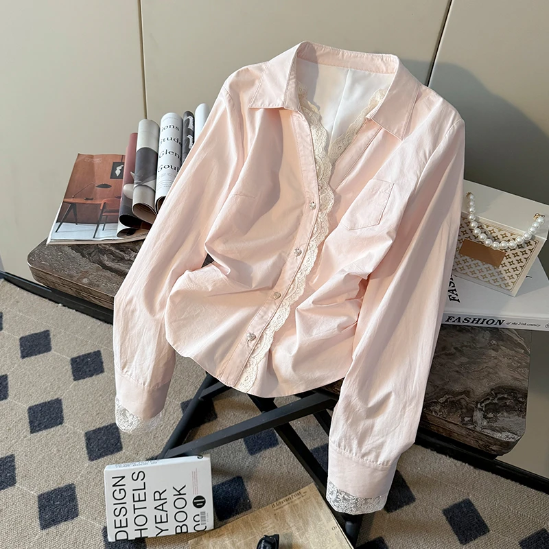浅粉色衬衫气质成人长袖韩版拼接小众蕾丝春季衬衫袖宽松百搭