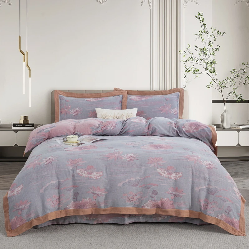 【琳桥】-荷塘月色-A类全棉双层纱色织提花四件套柔软亲肤纱布