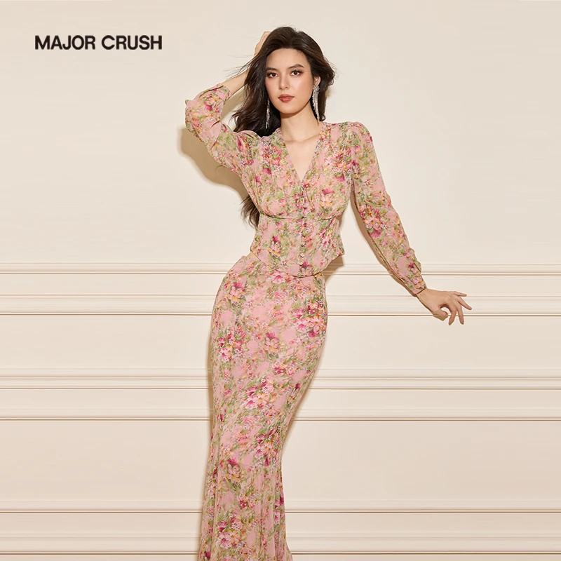 MAJOR CRUSH新款花间醉意橘粉色印花复古两件套气质套装11419