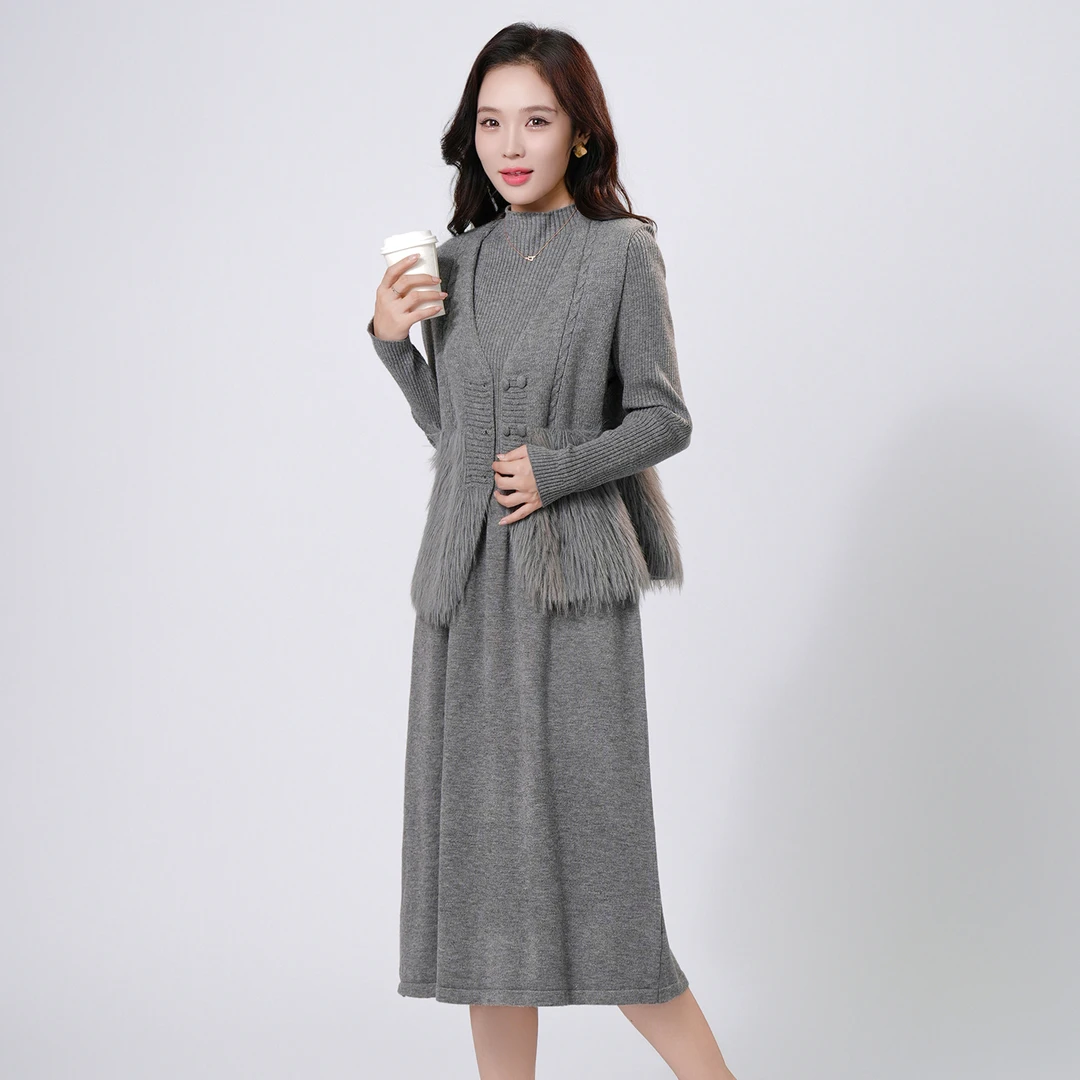 新款轻奢气质显瘦马甲两件套针织连衣裙M-3XL