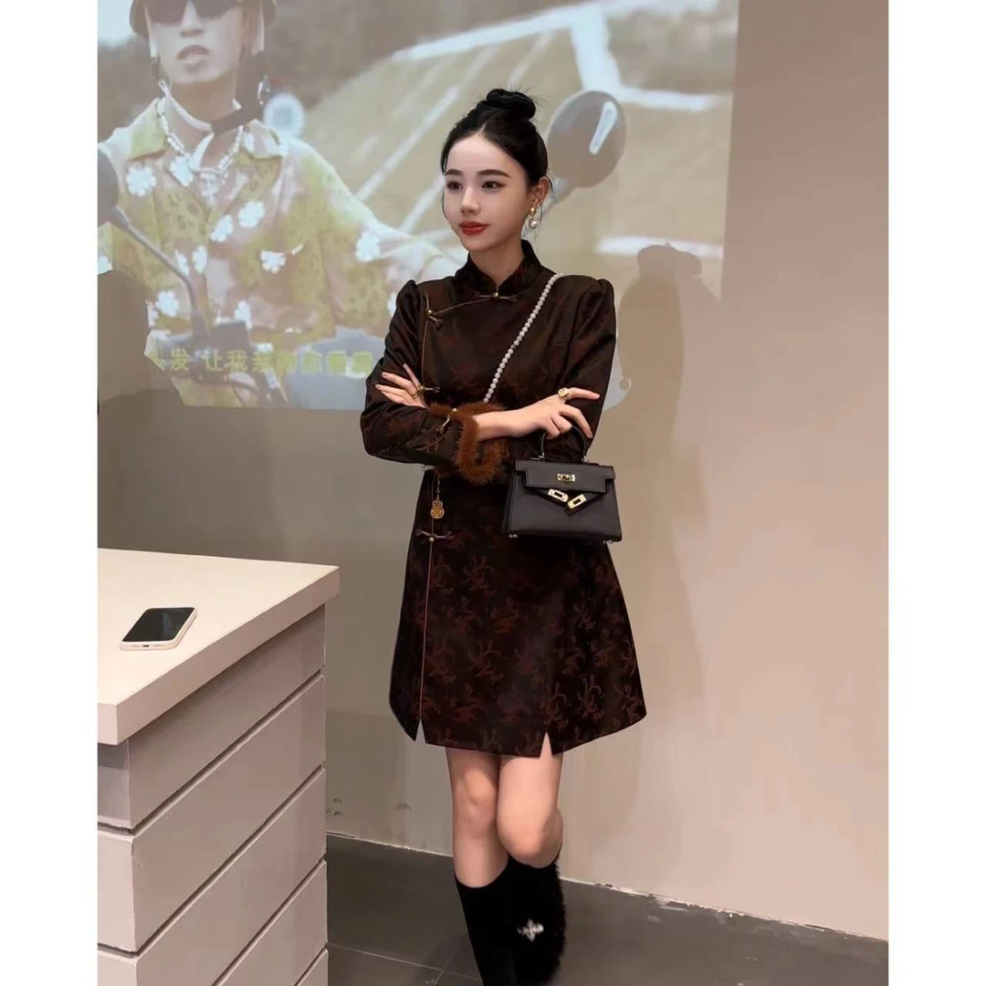 现货【南风知我意】新中式桑蚕丝人丝水貂毛加里衬春季修身连衣裙