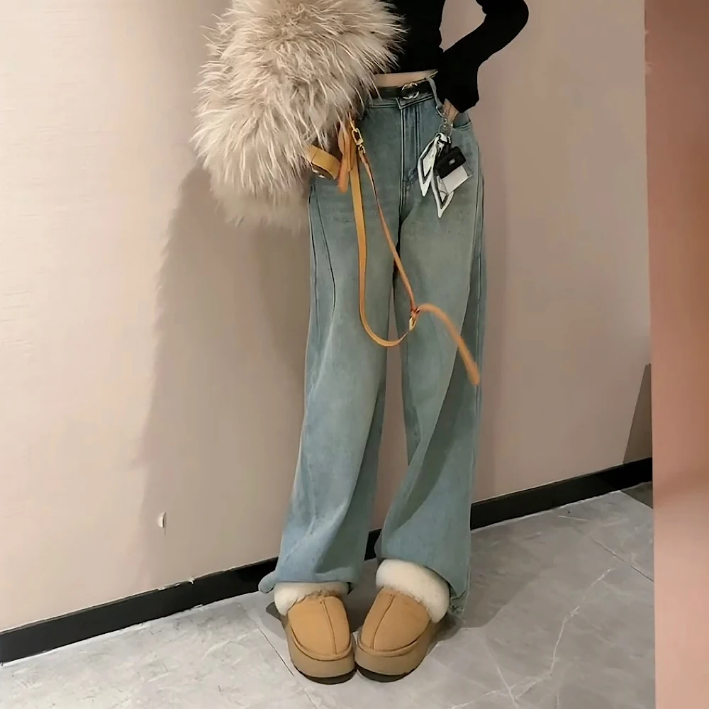 【CCDZ】秋冬新款时尚百搭显瘦高腰加绒复古直筒牛仔阔腿裤女