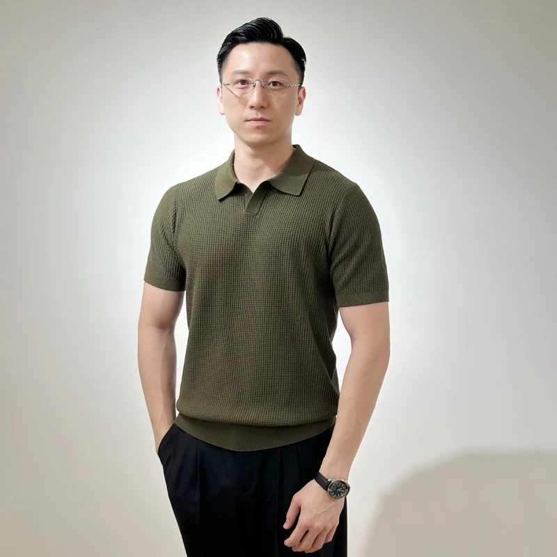 新款老钱风POLO衫透气冰丝针织衫短袖薄款翻领上衣轻商务男士高端