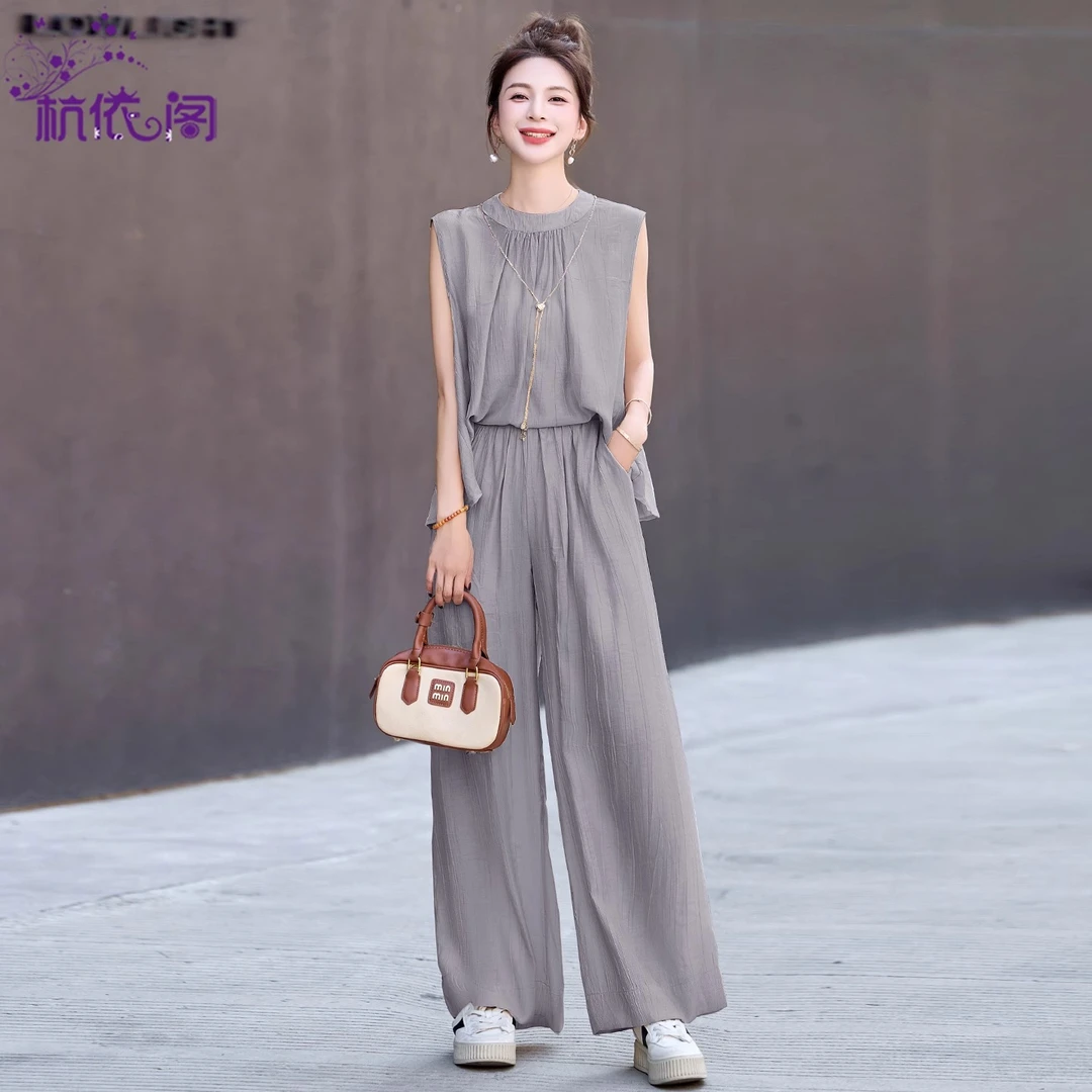 无袖上衣搭配阔腿裤两件套女夏2025新款休闲气质显瘦减龄时尚套装