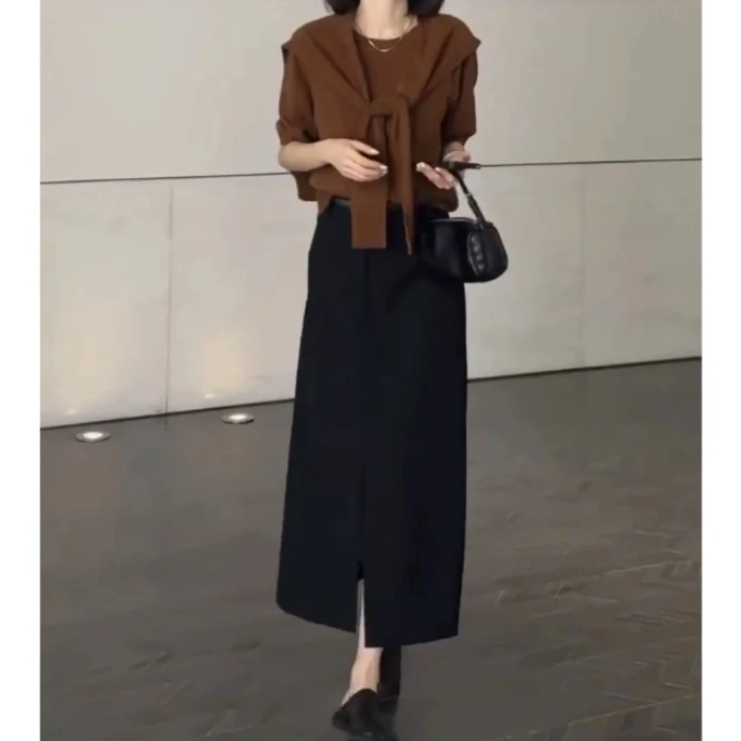 秋季新款显瘦气质短袖带披肩上衣搭配开叉半身裙女装