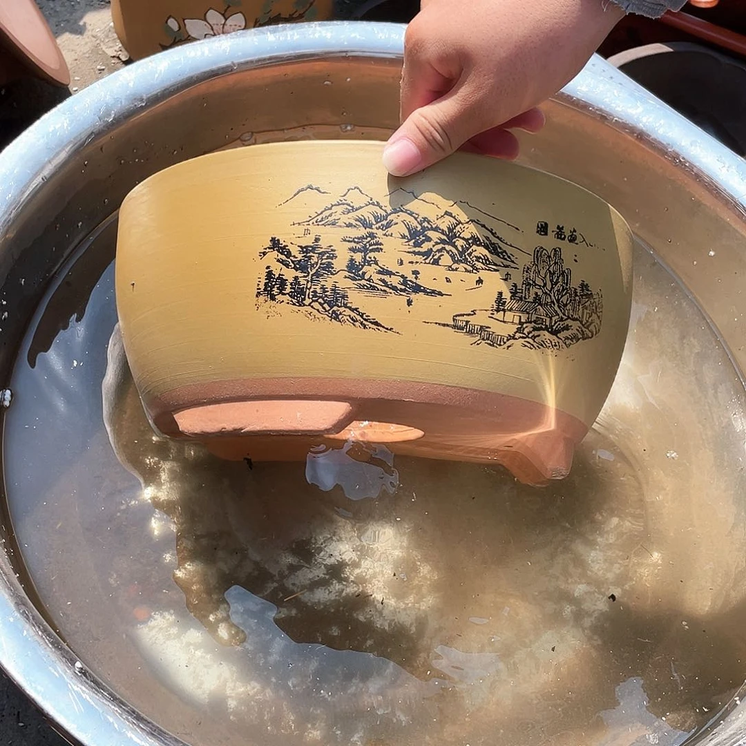 黄色江山如画中号花盆紫砂花盆
