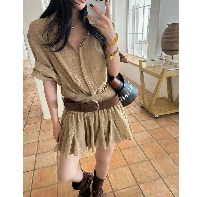 女装衬衫连衣裙夏季新款假两件拼接短袖衬衫百褶短裙通勤气质