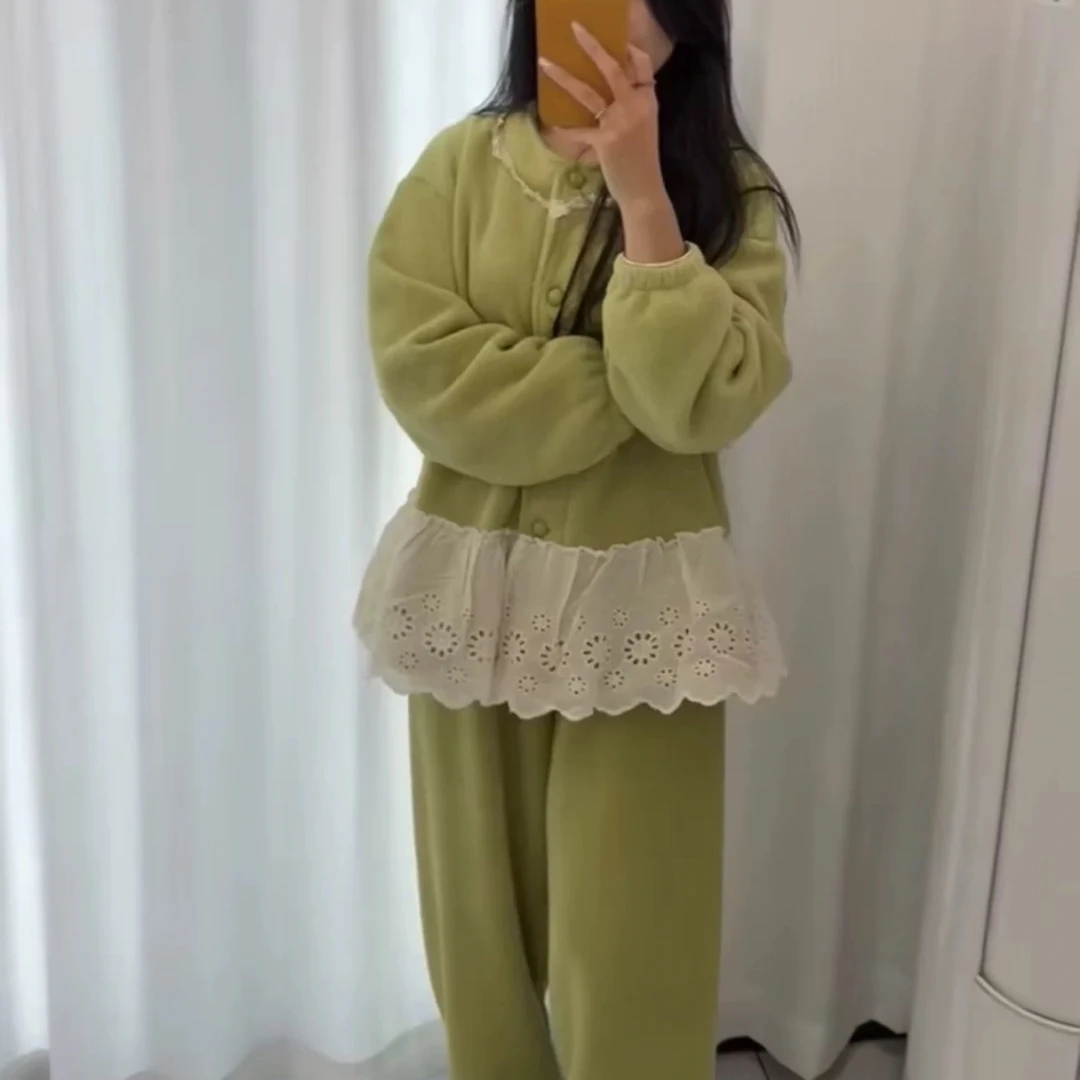 秋冬新款睡衣女蕾丝边宽松保暖加绒可外穿家居服套装