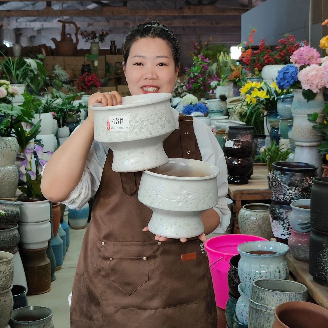 43#大口径 多肉绿植 粗陶陶瓷紫砂花盆户外庭院高度17cm 口径20cm