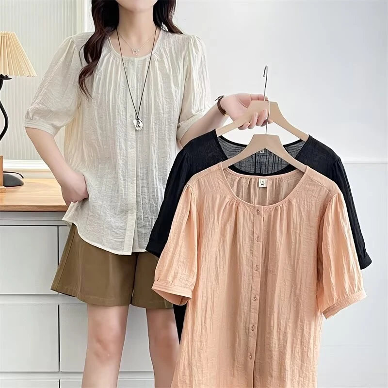 大码女装 胸106-130法式短袖衬衫上衣671#
