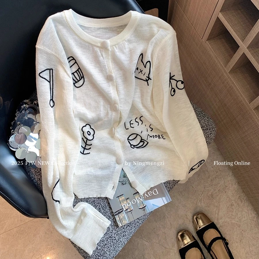 设计感白色卡通刺绣针织衫女夏季新款小众减龄百搭显瘦薄款上衣韩