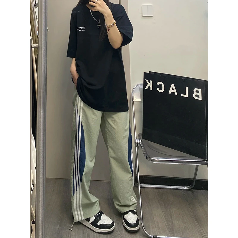 美式速干拼接条纹裤子男夏季三条杠运动直筒休闲裤