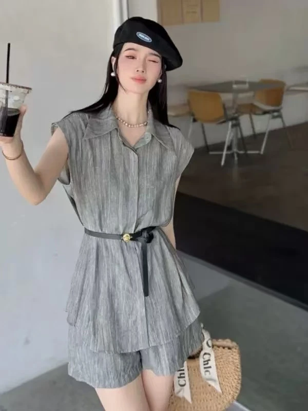 25177-【雪儿】高级感收腰薄款衬衫套装夏季新款阔腿短裤时尚两件套