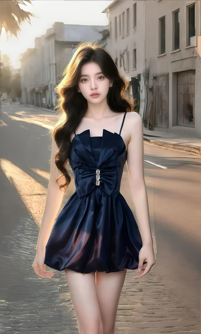 温柔知性风优雅藏青色不规则领型吊带收腰连衣裙女小众时尚高级感