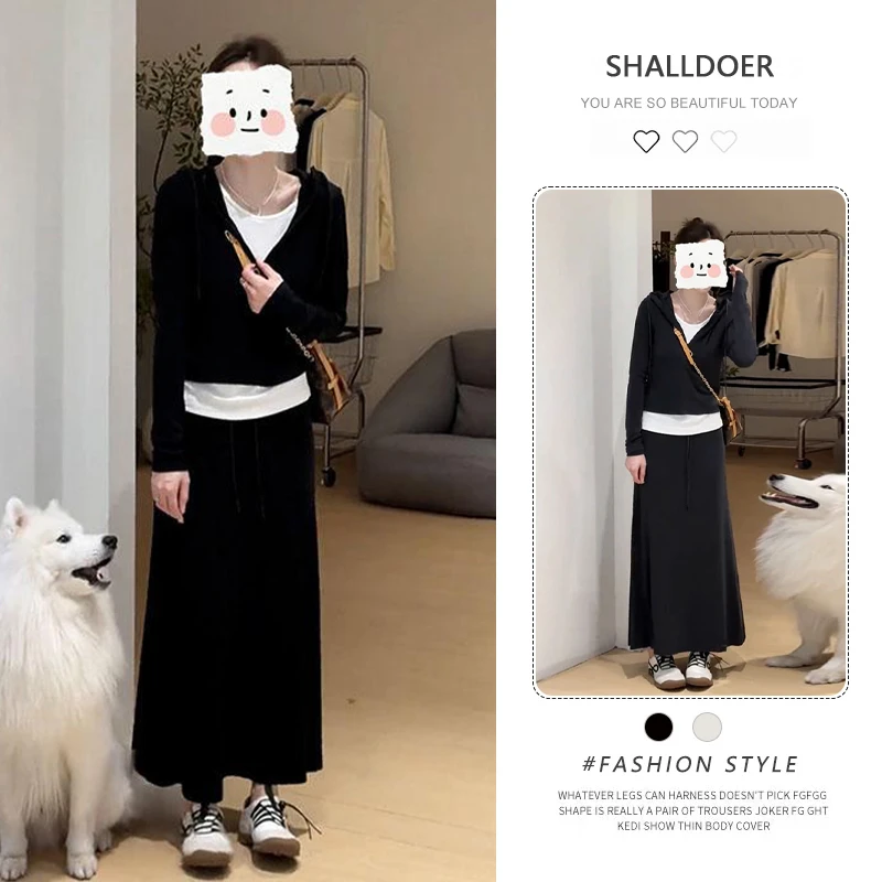 网红洋气炸街套装女2025春秋新款假两件连帽长袖t恤半身裙两件套