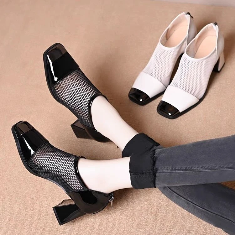 铁头鞋真皮网纱凉鞋2025夏季新款单鞋女百搭高跟中跟网鞋粗跟女鞋