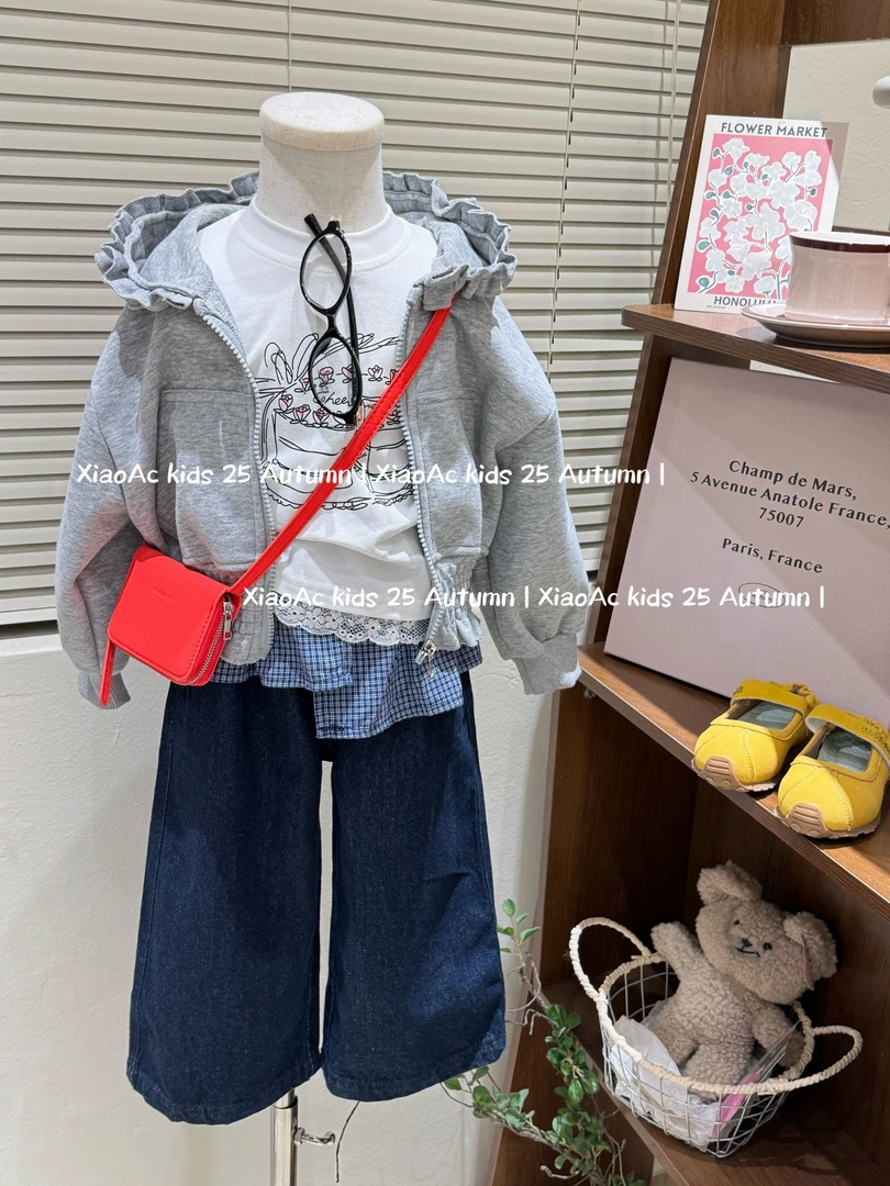 韩系女童2025秋季款时髦短款花边连帽卫衣外套女宝洋气格子屁帘裤