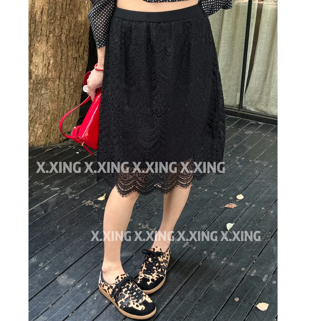 X.x.新款高端欧货蕾丝下摆松紧腰百搭短裙气质半身裙C11-33265