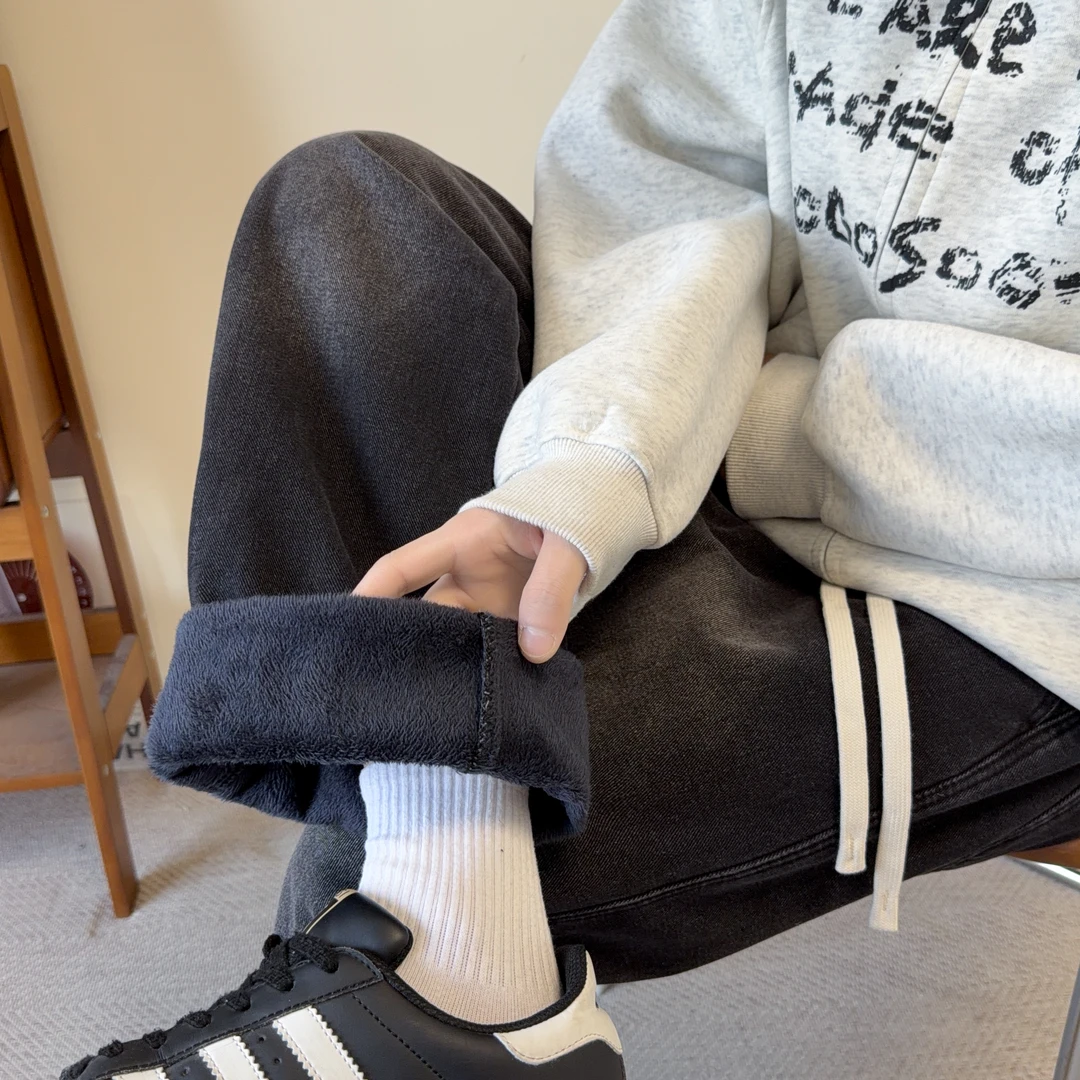 学生宽松直筒裤子青少年男孩帅气初高中百搭秋冬加绒阔腿牛仔裤男