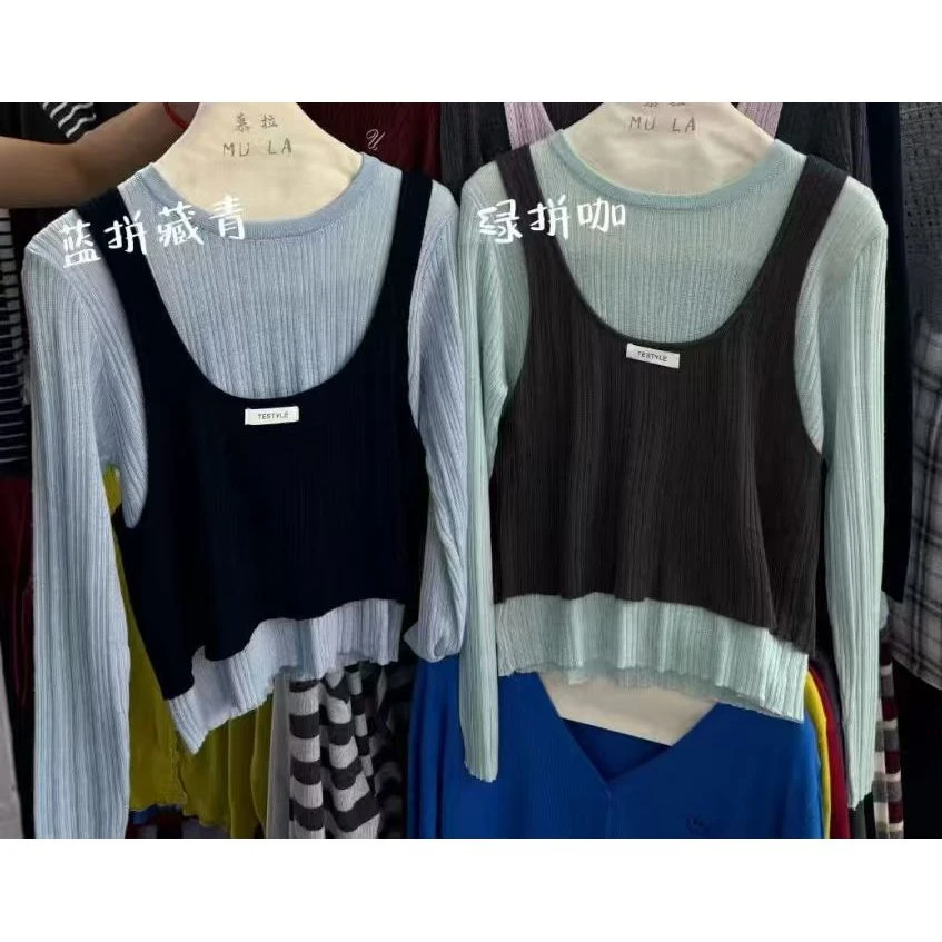 2025秋季韩系吊带拼接假两件针织衫女秋新款小众上衣