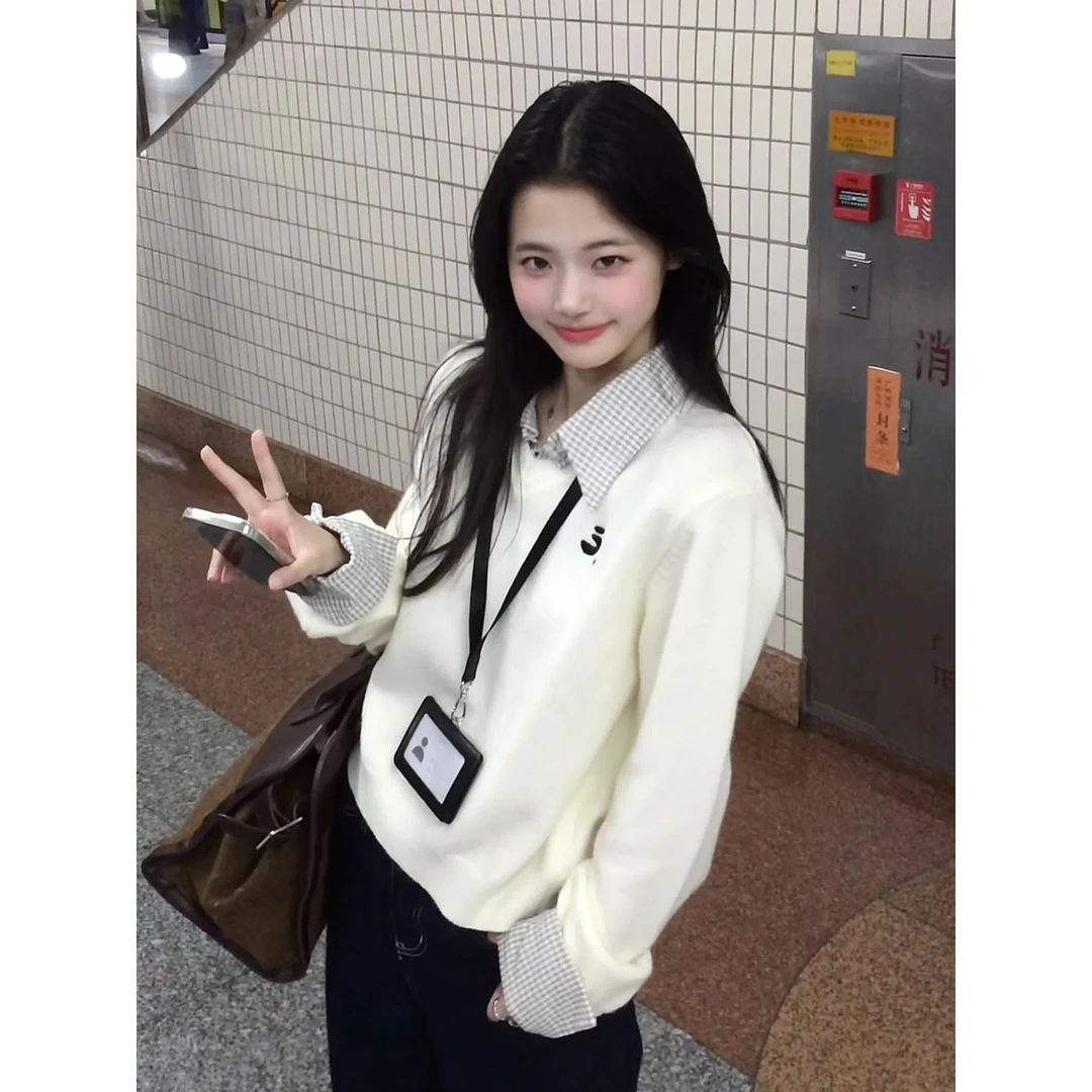 【小仙倪子】韩版秋季新款小众百搭假两件拼接撞色设计感毛衣1023