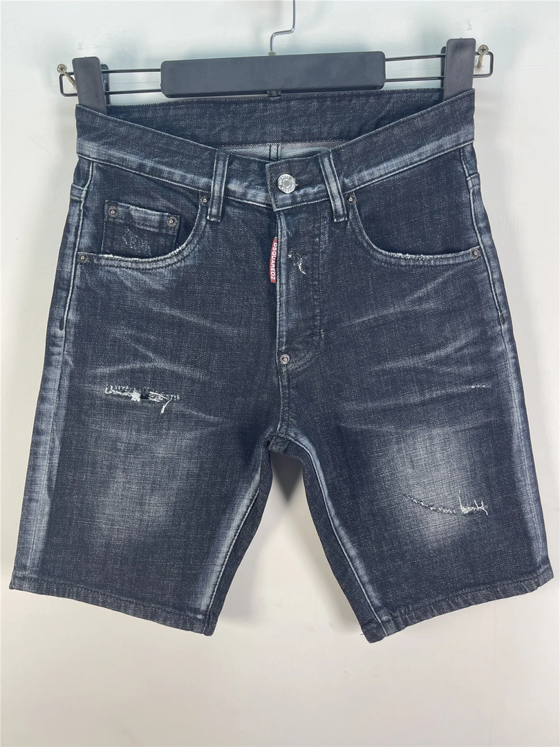 603春夏新款D2五分裤潮男水洗磨破洞油漆修身微弹黑色牛仔短裤男