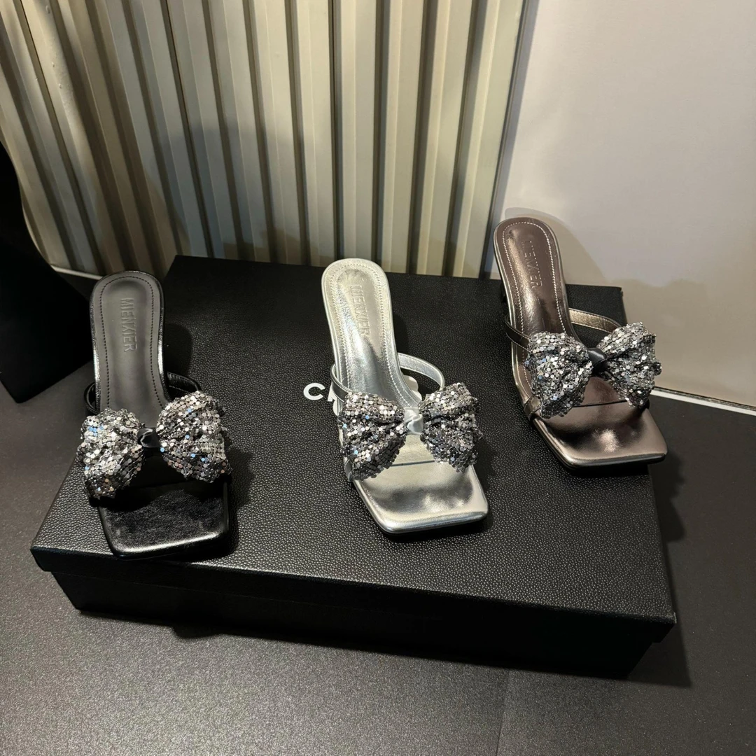 法式仙女风蝴蝶结透明一字带露趾拖鞋女夏外穿气质绝美水晶高跟鞋