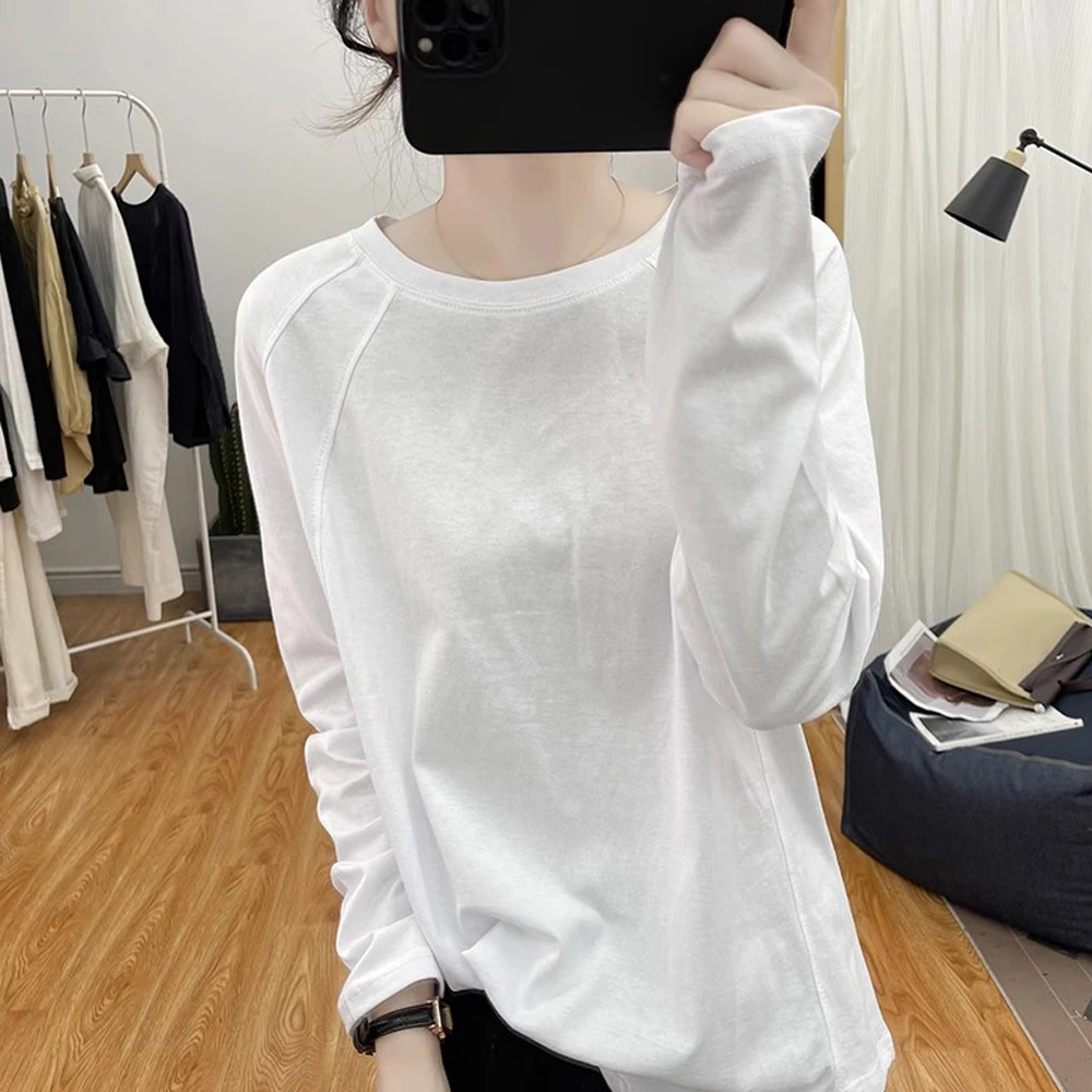 早秋新款纯棉长袖白色T恤女式复古宽松圆领上衣打底衫拼缝体恤潮