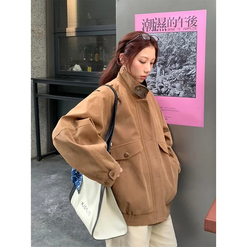 美式高街咖色做旧翻领外套女2025新款宽松复古撞色夹克上衣ins潮