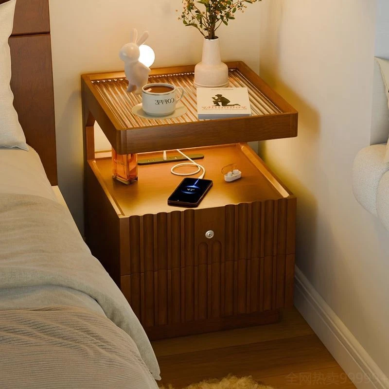 实木床头柜家用卧室带锁储物柜简约现代小型床边置物架简易收纳柜