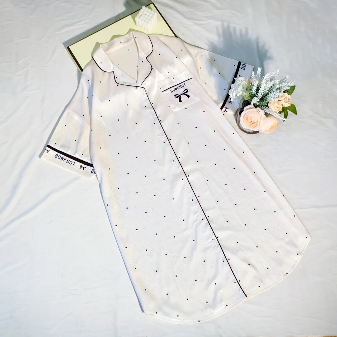 睡裙女款爆款2025新款奢华风白色波点袖边字母睡裙休闲睡衣家居服