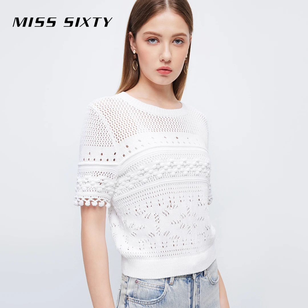 Miss Sixty夏季套头衫女圆领毛织镂空流苏休闲度假风薄款上衣
