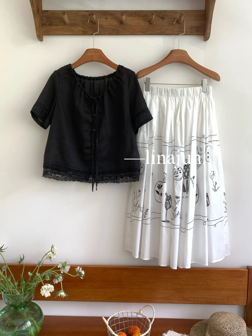 5.1《素描》夏季新款苎麻天丝黑色蕾丝拼接小衫趣味涂鸦白色半身裙