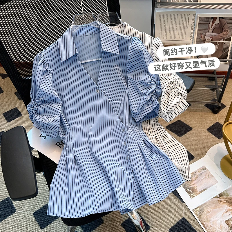 大码女装设计感条纹短袖衬衫夏收腰显瘦v领衬衣泡泡袖半袖上衣