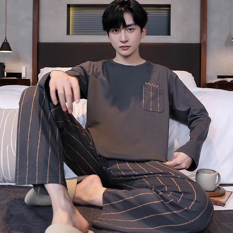 潮流新款睡衣男士春秋季可外穿条纹裤纯棉简约套头家居服长袖套装