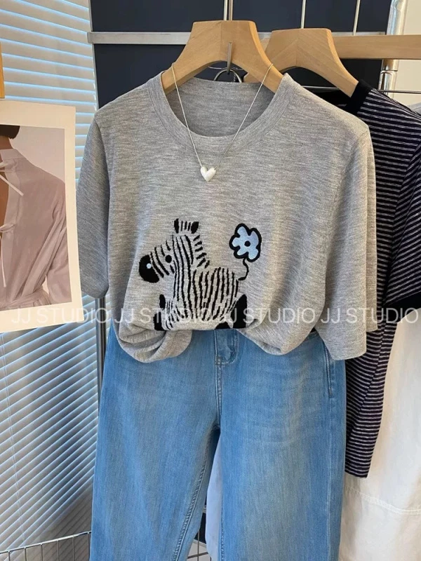 173【竹节麻】夏季新款韩版宽松休闲时尚斑马印花短袖女装时尚上衣