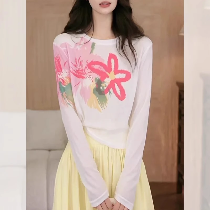 宽松显瘦别致上衣夏季薄款胖MM大码女装花朵白色圆领防晒长袖T恤