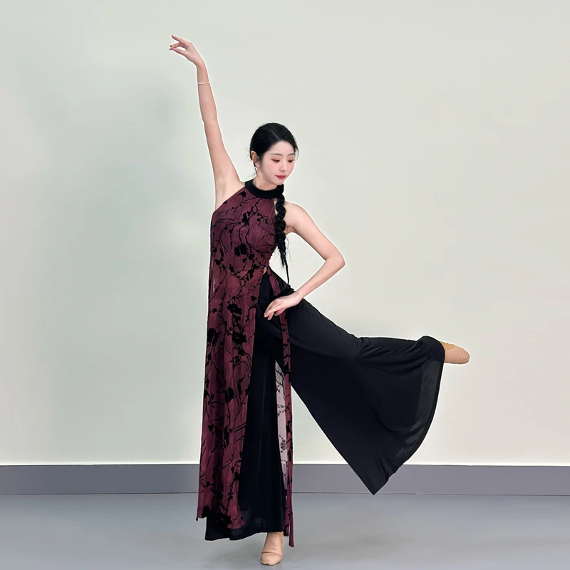 古典舞服装新中式旗袍阔腿裤国风旗袍无袖爵士舞蹈练功服表演服裙