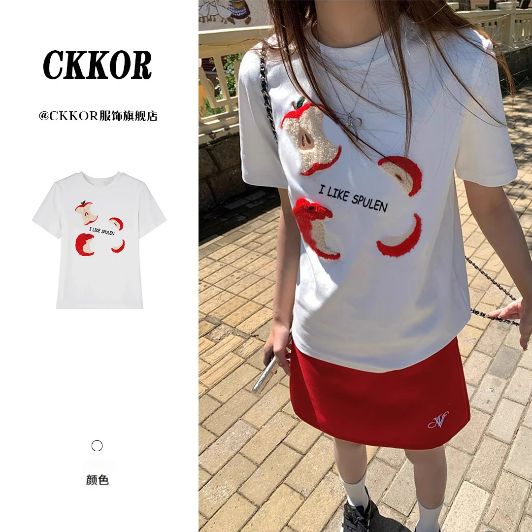 CKKOR韩系慵懒风夏装短袖t恤苹果刺绣小众休闲百搭显瘦设计上衣