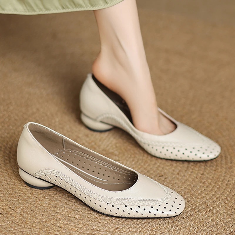 真皮夏季粗跟一脚蹬镂空低跟法式单鞋复古女鞋软底蓝色新款凉鞋女