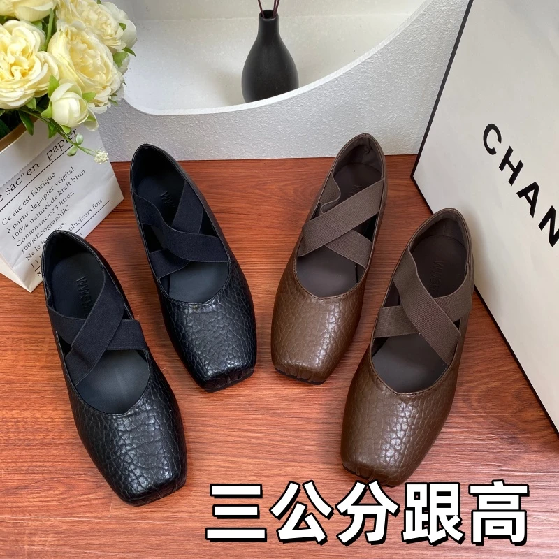 3CM粗跟褶皱复古方头交叉带玛丽珍鞋女气质百搭一脚蹬芭蕾舞单鞋