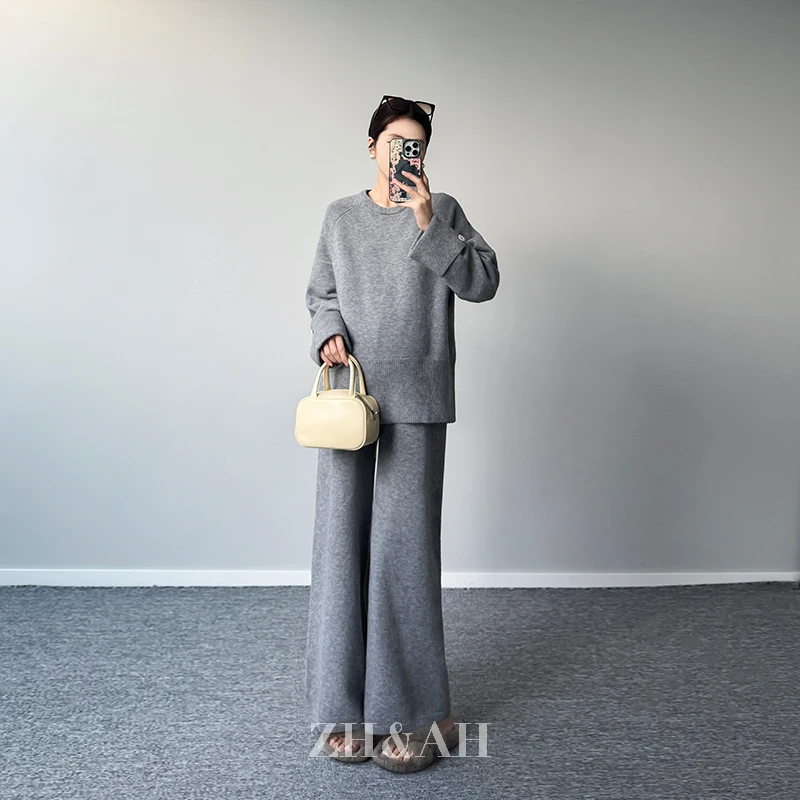 ZH&AH【暮色】冬季新款时尚气质百搭孕期纤绒纱极简设计毛衣套装裤
