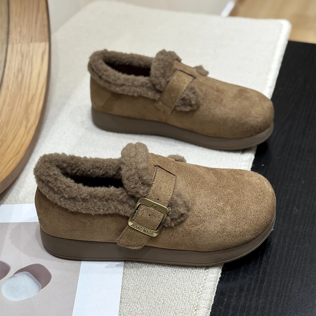 韩版时髦加绒加厚勃肯平底毛毛鞋女2025新款冬保暖舒适一脚蹬棉鞋