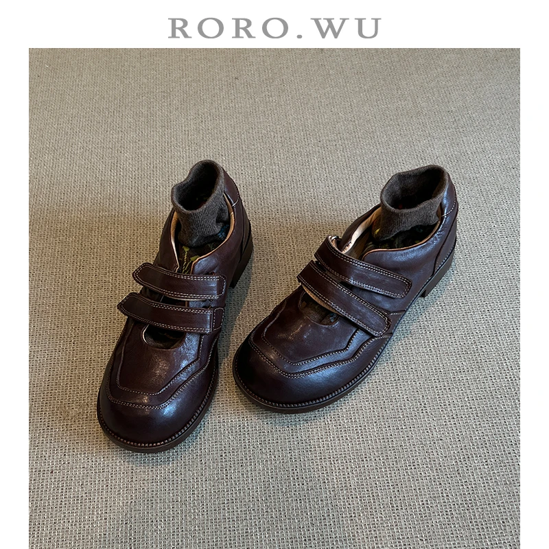 娆娆吴·头层牛皮复古玛丽珍单鞋魔术贴休闲百搭乐福鞋女鞋A464