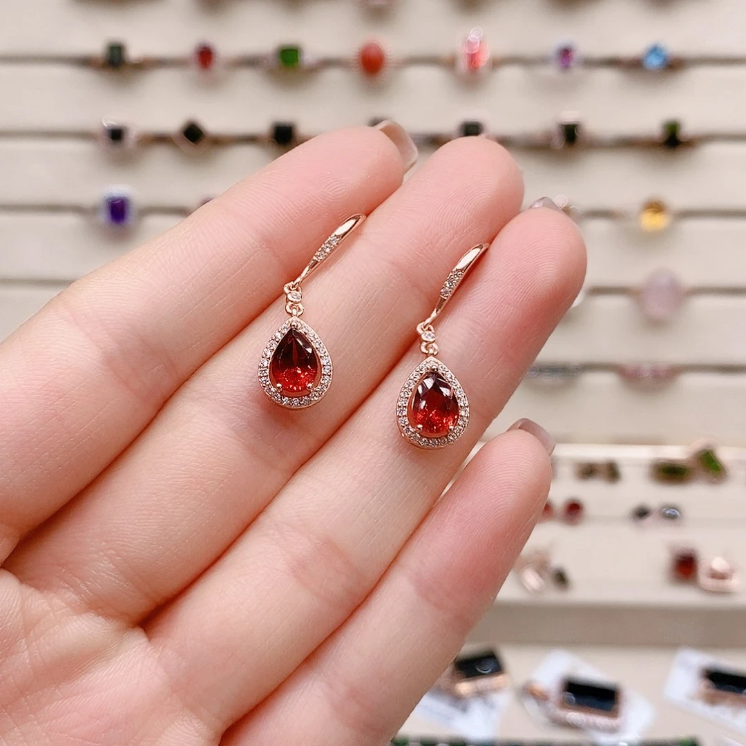 石榴石耳钉银S925镶嵌耳钉
