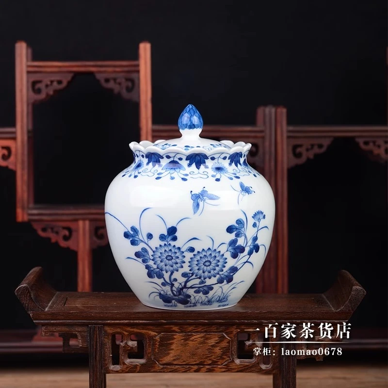 苏圣轩手工制作青花手绘蝶恋花茶叶罐复古风景德镇陶瓷茶仓存茶罐